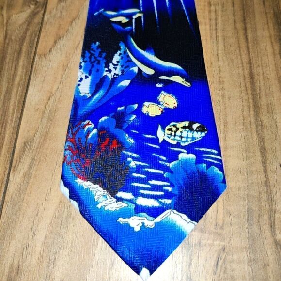 Brother's Hand Made Blue Tie With Dolphins & Marine Life Print - Picture 7 of 7